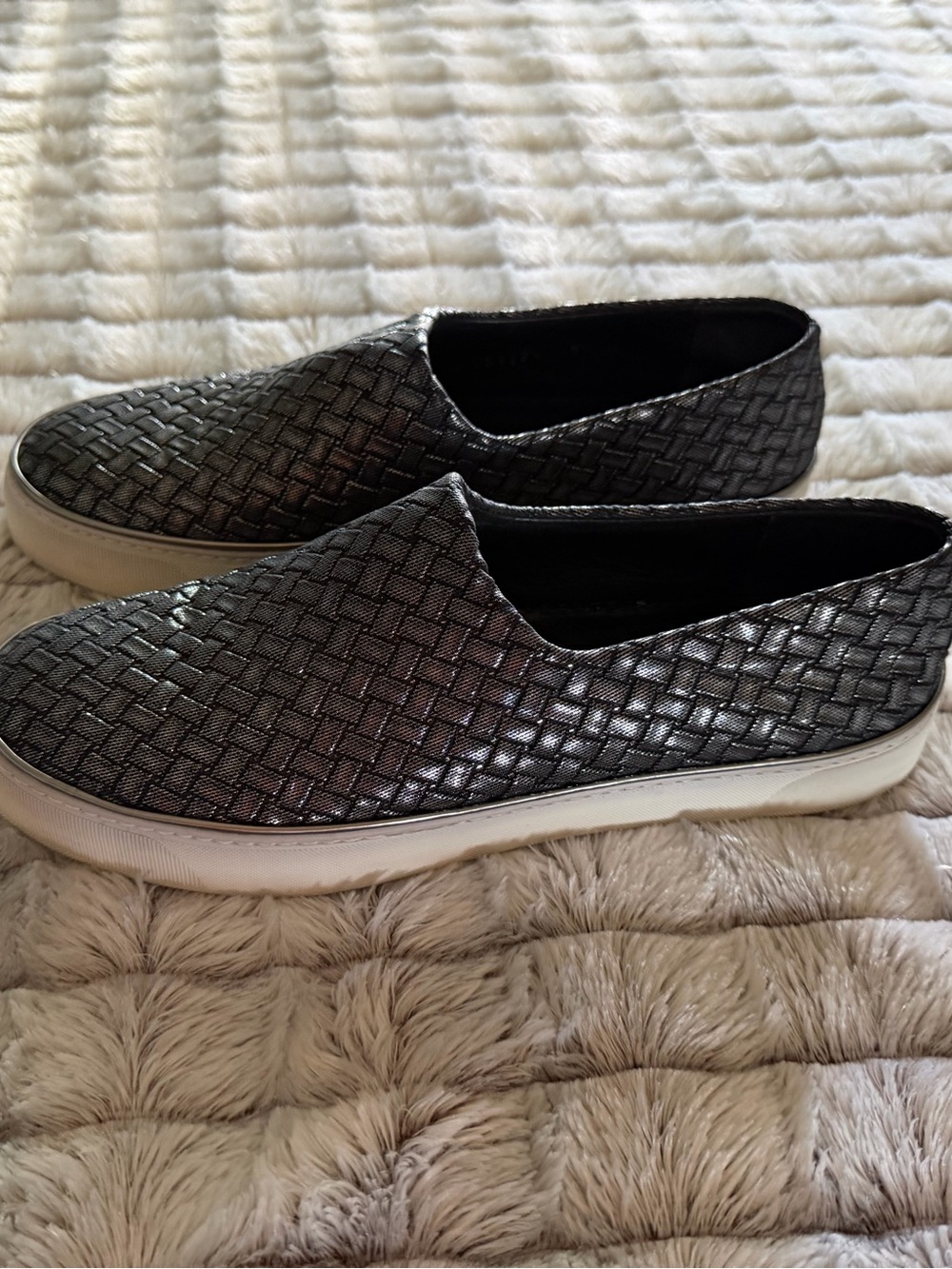 Stuart Weitzman Metallic Woven Slip-On Flats - Silver/Black